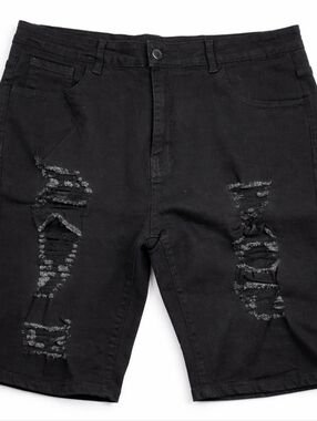 Manfinity Mens XL Black Distressed Denim Shorts Ripped Streetwear Jorts